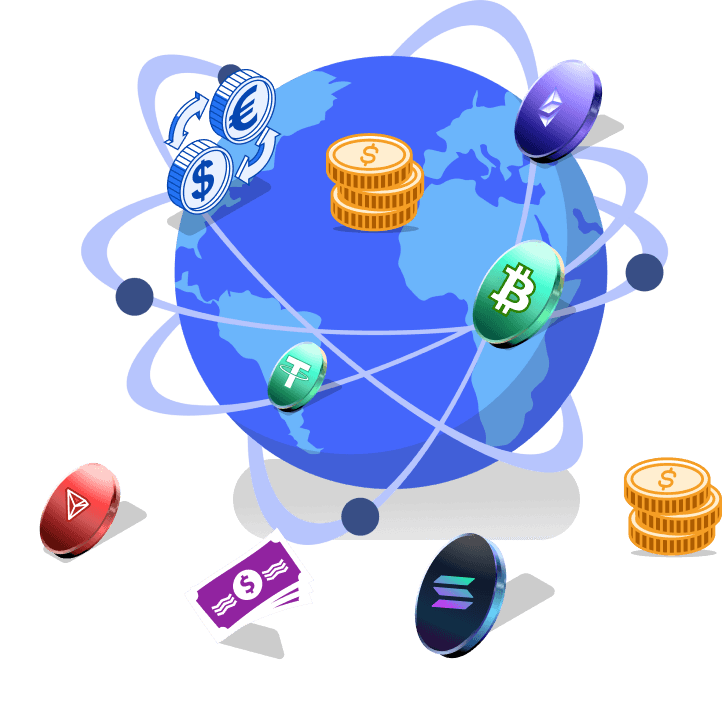 Crypto coins orbiting a globe